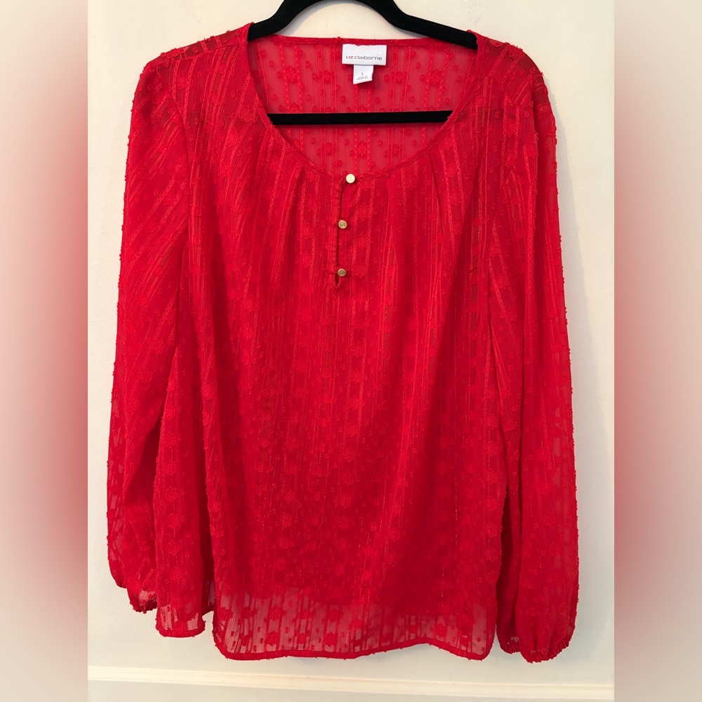 Liz Claiborne Women’s Long Sleeve Blouse-. Red w Small Gold Buttons-Sz Lg